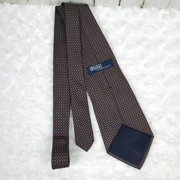Polo Ralph Lauren Silk Dot Print Tie Navy Blue Red Yellow - Picture 6 of 7